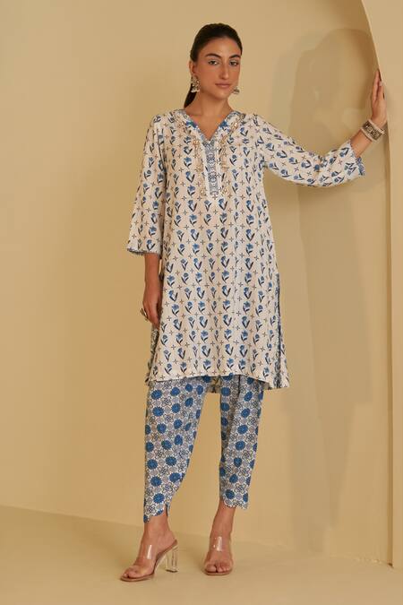 Buy_Sage Saga_Ivory , , Sarang Neel Floral Print Kurta Salwar Set _Online_at_Aza_Fashions