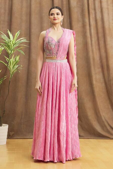 Samyukta Singhania Pink Silk, Net Pearls, Sequins Textured Lehenga With Embroidered Blouse at Aza Fashions Samyukta Singhania_Pink Silk, Net Pearls, Sequins Textured Lehenga With Embroidered Blouse_at_Aza_Fashions