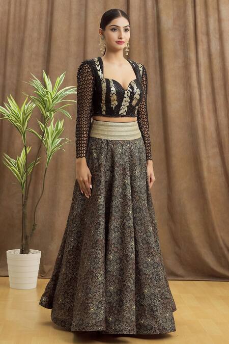 Buy_Samyukta Singhania_Black Net, Silk Sequins Floral Pattern Lehenga Set With Embroidered Blouse_Online_at_Aza_Fashions