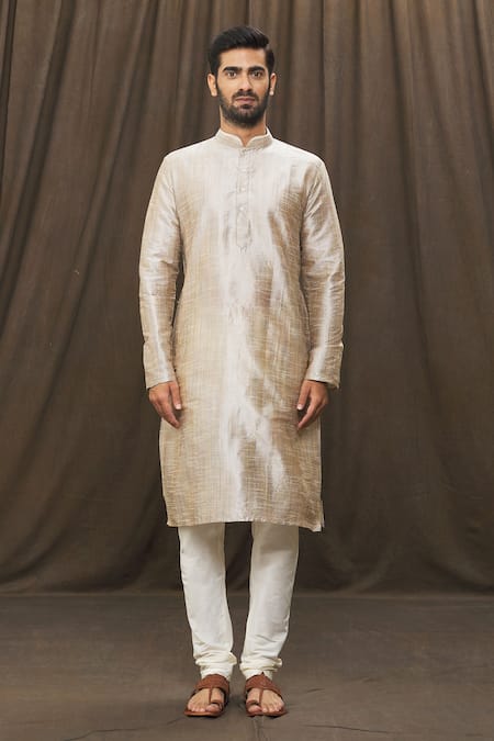 Buy_Arihant Rai Sinha_Silver Polyester, Silk Metallic Kurta And Churidar Set _Online_at_Aza_Fashions