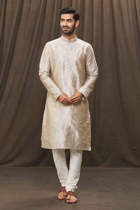 Shop_Arihant Rai Sinha_Silver Polyester, Silk Metallic Kurta And Churidar Set _Online_at_Aza_Fashions