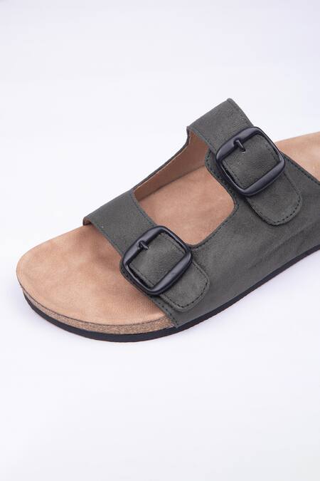 Buy Green Plain Vegan Leather Double Strap Sandals For Men by