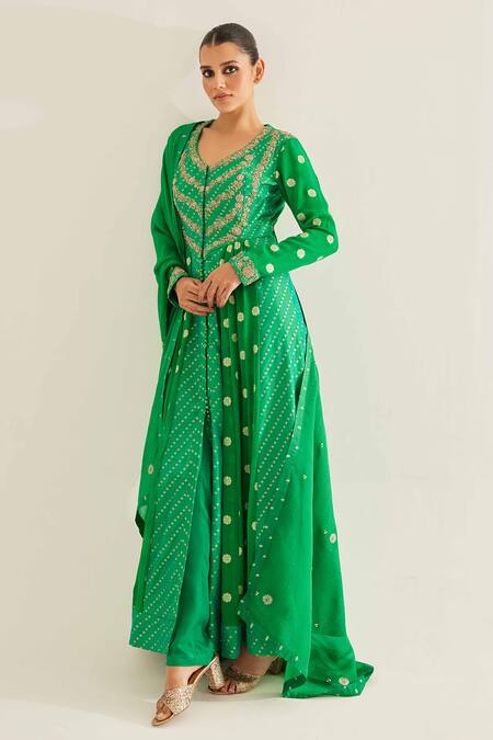 Shop_Shyam Narayan Prasad_Emerald Green Brocade, Organza, Georgette Bloom Panelled Anarkali Set 