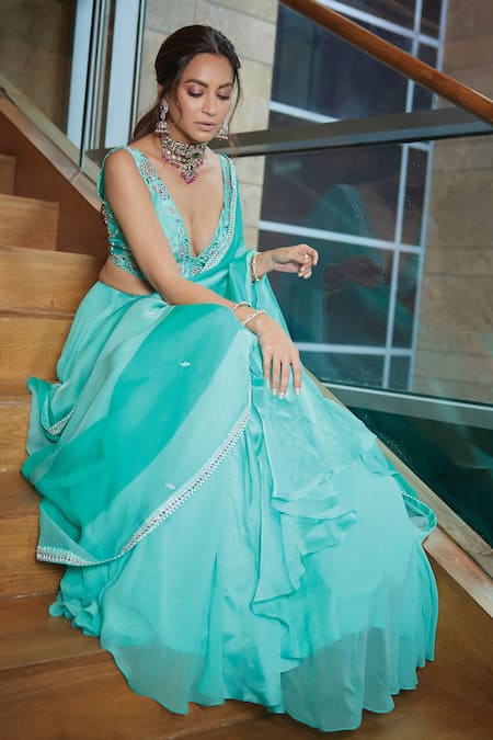 Buy_ISHA GUPTA TAYAL_Green Satin, Organza, Georgette Sequins, Cut Aqua Embroidered Lehenga Saree Set 