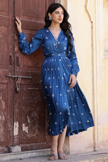 Gulaal Blue Modal Satin Printed Hand Tie-dyed Bandhani V Neck Maxi Dress 