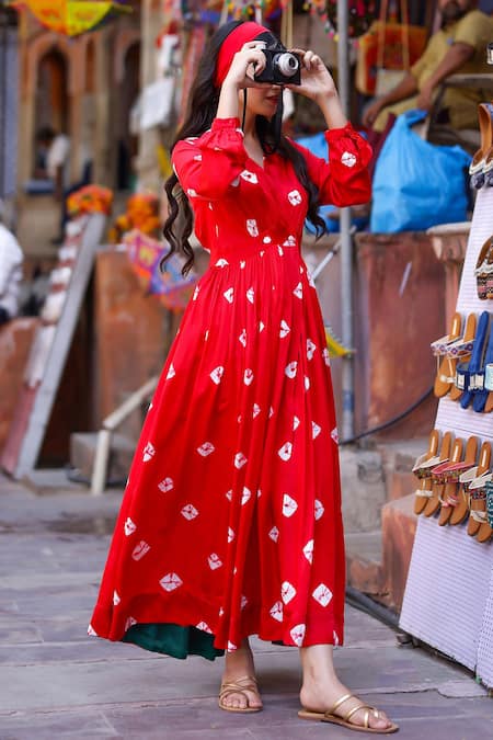 Buy_Gulaal_Red Modal, Satin Embroidery V-neck Bandhani Print Dress_Online_at_Aza_Fashions