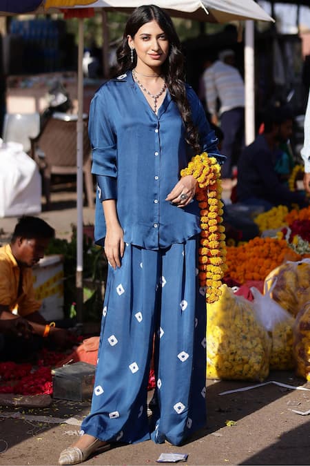 Gulaal Blue Modal Satin Printed Hand Tie-dyed Bandhani Collar Shirt And Pant Set 