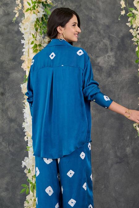 Gulaal_Blue Modal, Satin Embroidery Collared Printed Shirt And Pant Set_Online_at_Aza_Fashions