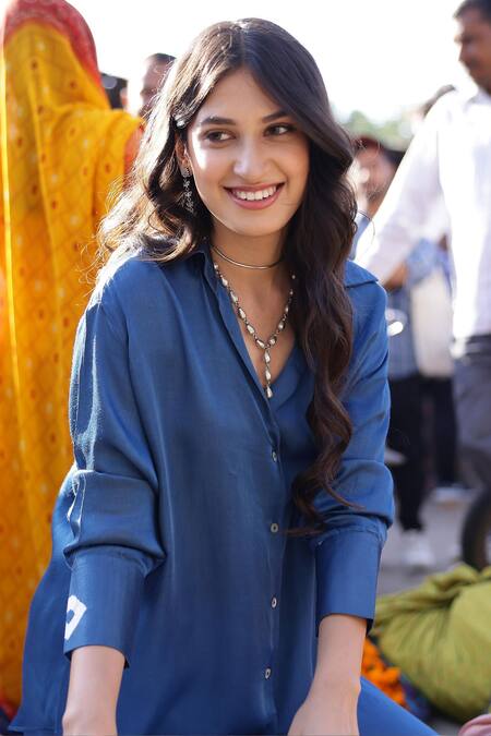 Buy_Gulaal_Blue Modal, Satin Embroidery Collared Printed Shirt And Pant Set_Online_at_Aza_Fashions