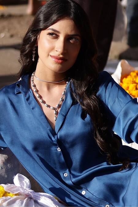 Shop_Gulaal_Blue Modal, Satin Embroidery Collared Printed Shirt And Pant Set_Online_at_Aza_Fashions