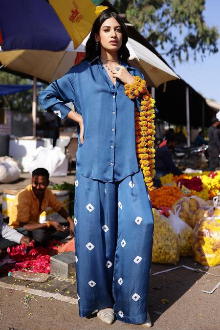 Gulaal_Blue Modal, Satin Embroidery Collared Printed Shirt And Pant Set_at_Aza_Fashions