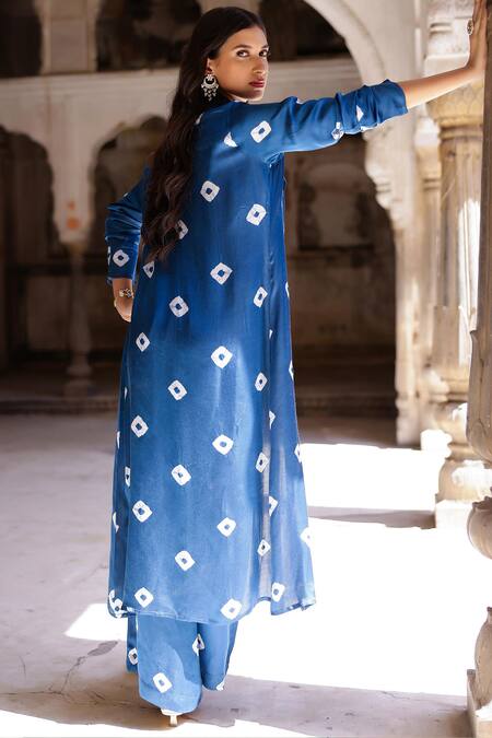 Gulaal_Blue Modal, Satin Collared Printed Shrug And Straight Pant Set_Online_at_Aza_Fashions
