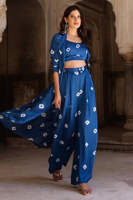 Buy_Gulaal_Blue Modal, Satin Collared Printed Shrug And Straight Pant Set_Online_at_Aza_Fashions