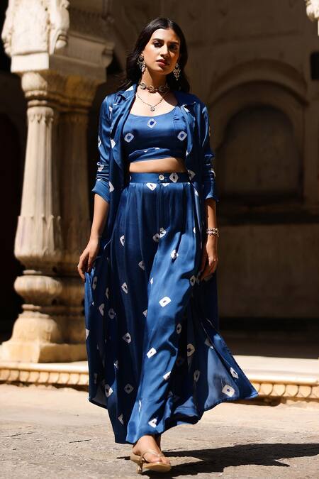 Shop_Gulaal_Blue Modal, Satin Collared Printed Shrug And Straight Pant Set_Online_at_Aza_Fashions