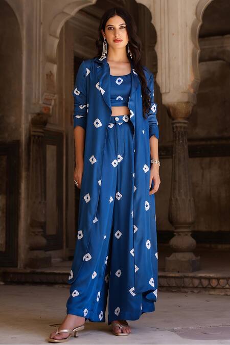 Gulaal_Blue Modal, Satin Collared Printed Shrug And Straight Pant Set_at_Aza_Fashions