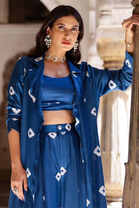 Shop_Gulaal_Blue Modal, Satin Collared Printed Shrug And Straight Pant Set
