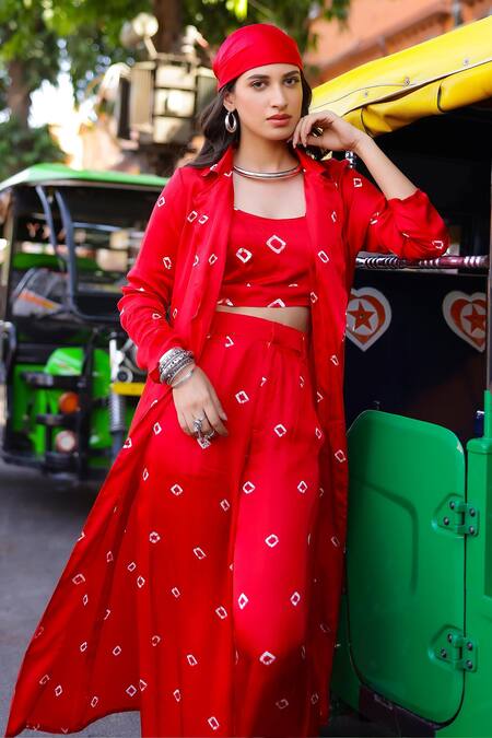 Gulaal_Red Modal, Satin Embroidery Collared Bandhani Print Shrug And Straight Pant Set_Online_at_Aza_Fashions
