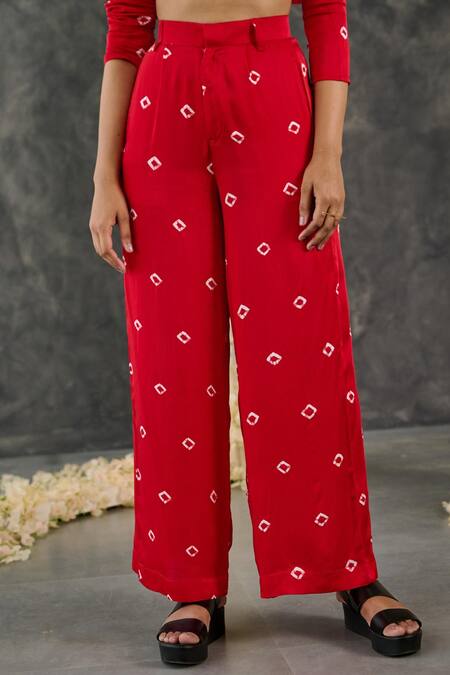 Buy_Gulaal_Red Modal, Satin Embroidery Collared Bandhani Print Shrug And Straight Pant Set_Online_at_Aza_Fashions