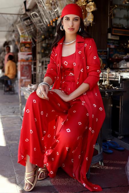 Shop_Gulaal_Red Modal, Satin Embroidery Collared Bandhani Print Shrug And Straight Pant Set_Online_at_Aza_Fashions