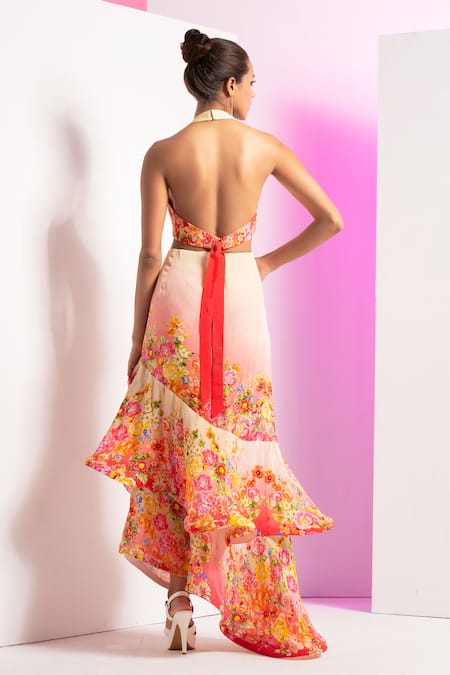 Mandira Wirk Resort Multi Color Crepe Embroidery Halter Neck Dainty Floret Asymmetric Dress Online at Aza Fashions Mandira Wirk Resort_Multi Color Crepe Embroidery Halter Neck Dainty Floret Asymmetric Dress _Online_at_Aza_Fashions