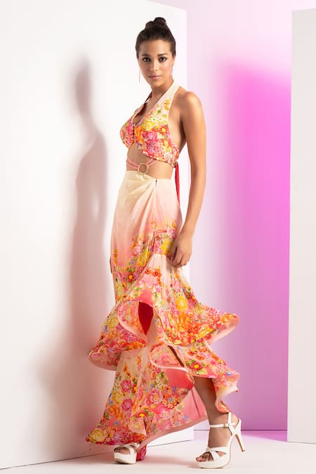 Buy Mandira Wirk Resort Multi Color Crepe Embroidery Halter Neck Dainty Floret Asymmetric Dress Online at Aza Fashions Buy_Mandira Wirk Resort_Multi Color Crepe Embroidery Halter Neck Dainty Floret Asymmetric Dress _Online_at_Aza_Fashions