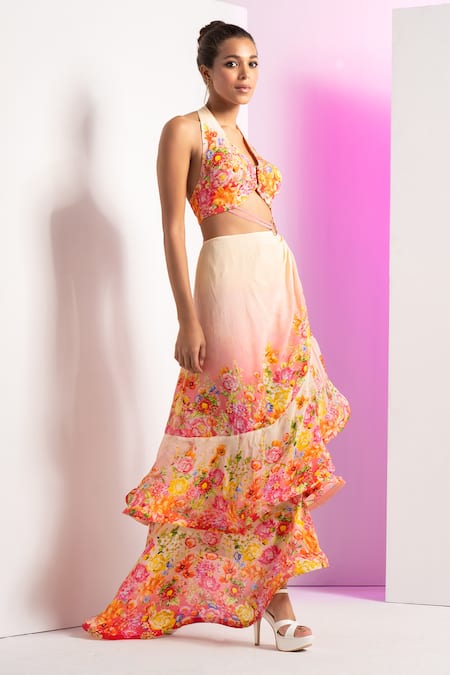 Shop Mandira Wirk Resort Multi Color Crepe Embroidery Halter Neck Dainty Floret Asymmetric Dress Online at Aza Fashions Shop_Mandira Wirk Resort_Multi Color Crepe Embroidery Halter Neck Dainty Floret Asymmetric Dress _Online_at_Aza_Fashions