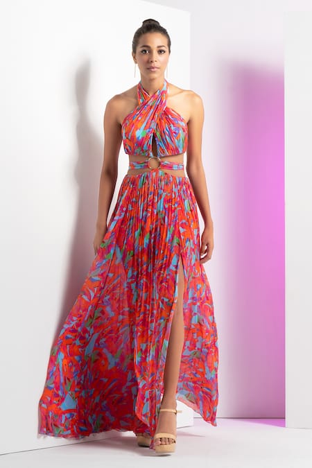 Mandira Wirk Multi Color Chiffon Printed Abstract Halter Neck Mesh Dress