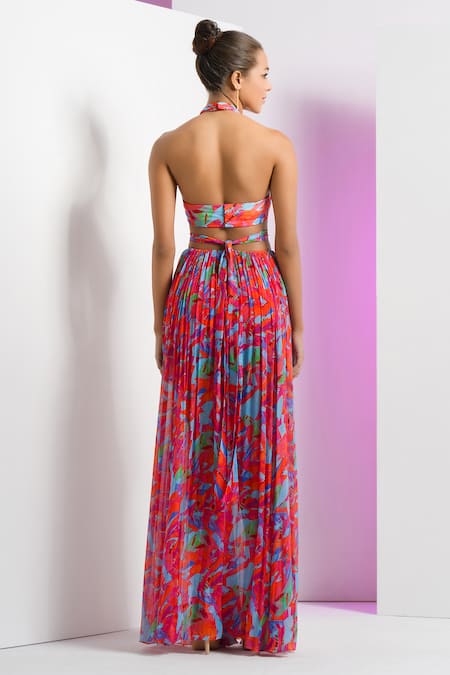Mandira Wirk Resort_Multi Color Chiffon Halter Neck Multicolor Abstract Print Maxi Dress _Online_at_Aza_Fashions