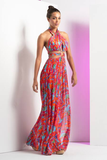 Buy_Mandira Wirk Resort_Multi Color Chiffon Halter Neck Multicolor Abstract Print Maxi Dress _Online_at_Aza_Fashions