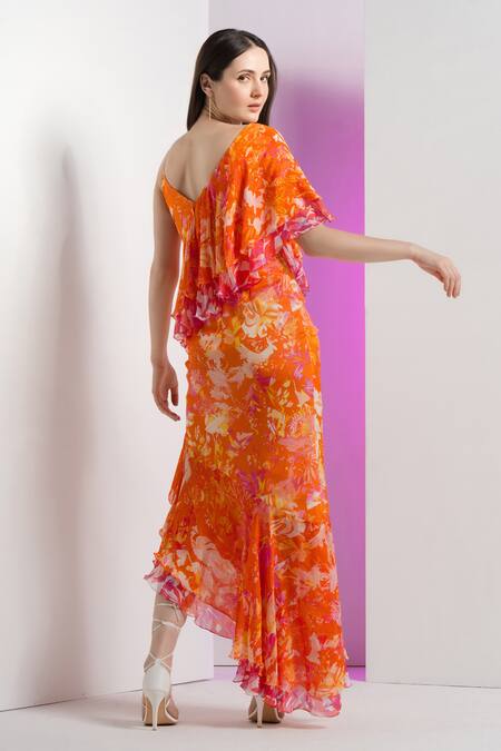 Mandira Wirk Resort_Multi Color Chiffon Ruffles V-neck Misty Femme Floral Dress _Online_at_Aza_Fashions