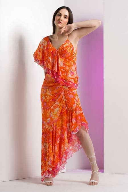 Buy_Mandira Wirk Resort_Multi Color Chiffon Ruffles V-neck Misty Femme Floral Dress _Online_at_Aza_Fashions