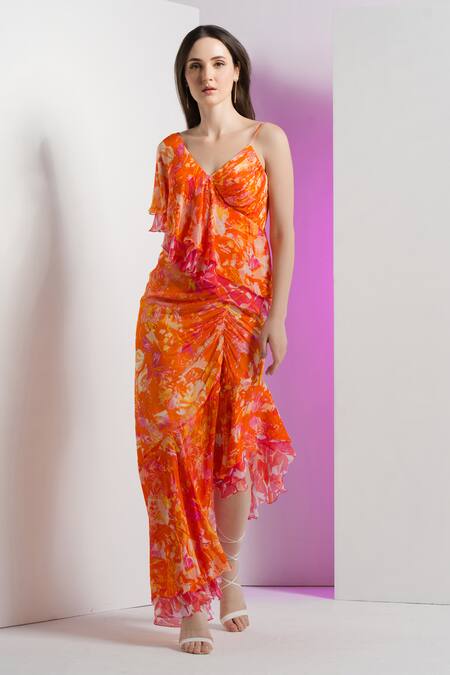 Shop_Mandira Wirk Resort_Multi Color Chiffon Ruffles V-neck Misty Femme Floral Dress _Online_at_Aza_Fashions