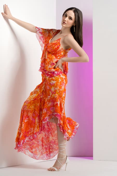 Mandira Wirk Resort_Multi Color Chiffon Ruffles V-neck Misty Femme Floral Dress _at_Aza_Fashions