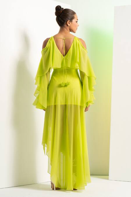 Mandira Wirk Resort_Green Georgette V-neck Asymmetric Dress _Online_at_Aza_Fashions