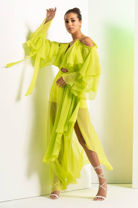 Buy_Mandira Wirk Resort_Green Georgette V-neck Asymmetric Dress _Online_at_Aza_Fashions