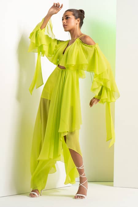 Shop_Mandira Wirk Resort_Green Georgette V-neck Asymmetric Dress _Online_at_Aza_Fashions