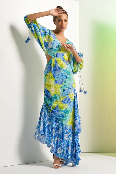 Mandira Wirk Resort_Multi Color Crepe V-neck Matched Floral Camo Dress _Online_at_Aza_Fashions
