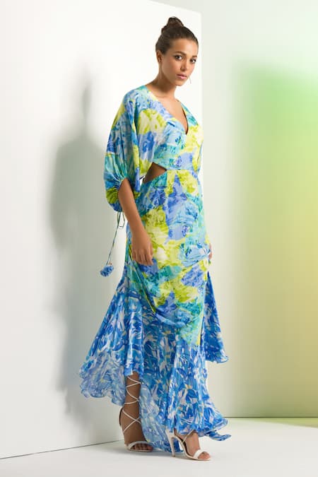 Shop_Mandira Wirk Resort_Multi Color Crepe V-neck Matched Floral Camo Dress _Online_at_Aza_Fashions