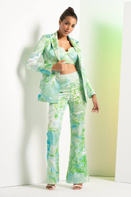 Shop_Mandira Wirk Resort_Multi Color Satin Sweetheart Neck, Abstract Pattern Bustier Jacket Pant Set _Online_at_Aza_Fashions