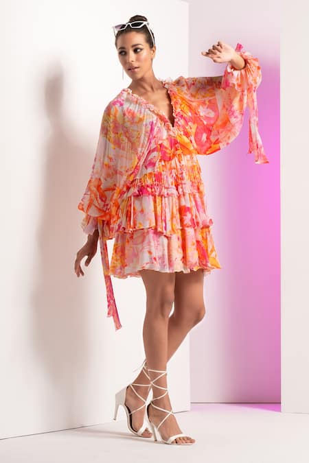 Mandira Wirk Multi Color Chiffon Floral V-neck Fancy Fusion Short Dress 