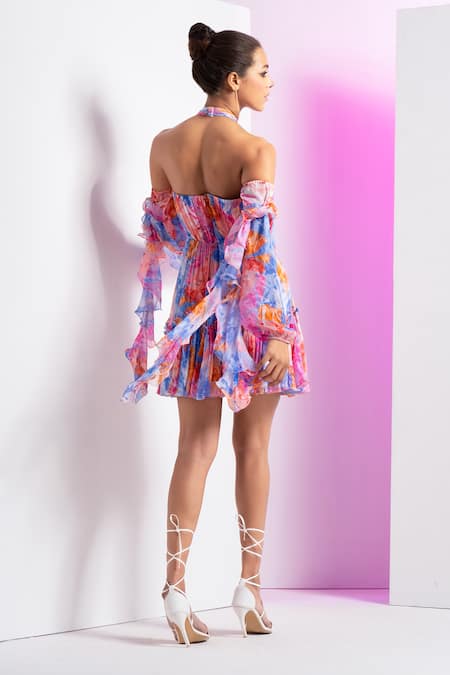 Mandira Wirk Resort Multi Color Chiffon Embroidery Halter Neck Floral Camo Short Dress Online at Aza Fashions Mandira Wirk Resort_Multi Color Chiffon Embroidery Halter Neck Floral Camo Short Dress _Online_at_Aza_Fashions