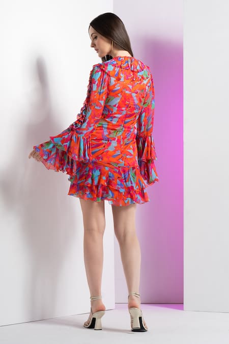 Mandira Wirk Resort_Multi Color Chiffon Embroidery V-neck Multicolor Floral Dress _Online_at_Aza_Fashions