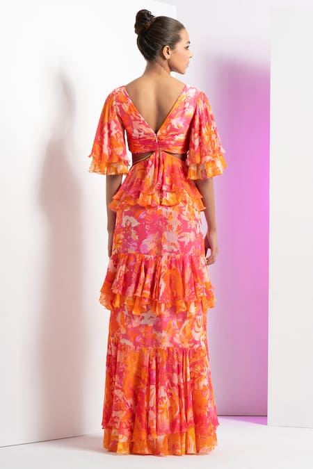 Mandira Wirk Resort Multi Color Chiffon V-neck Misty Femme Maxi Dress Online at Aza Fashions Mandira Wirk Resort_Multi Color Chiffon V-neck Misty Femme Maxi Dress _Online_at_Aza_Fashions