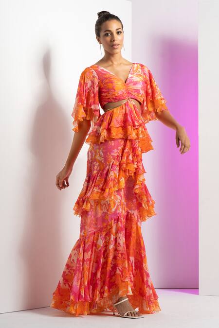Buy Mandira Wirk Resort Multi Color Chiffon V-neck Misty Femme Maxi Dress Online at Aza Fashions Buy_Mandira Wirk Resort_Multi Color Chiffon V-neck Misty Femme Maxi Dress _Online_at_Aza_Fashions