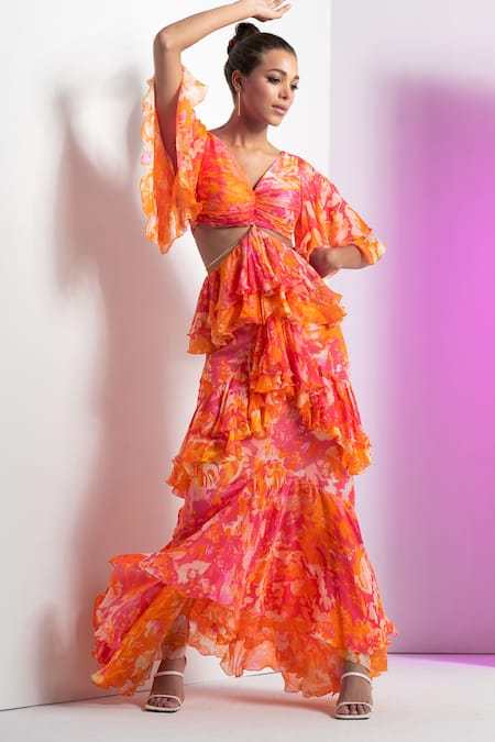 Shop Mandira Wirk Resort Multi Color Chiffon V-neck Misty Femme Maxi Dress Online at Aza Fashions Shop_Mandira Wirk Resort_Multi Color Chiffon V-neck Misty Femme Maxi Dress _Online_at_Aza_Fashions