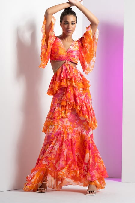 Mandira Wirk Resort Multi Color Chiffon V-neck Misty Femme Maxi Dress at Aza Fashions Mandira Wirk Resort_Multi Color Chiffon V-neck Misty Femme Maxi Dress _at_Aza_Fashions