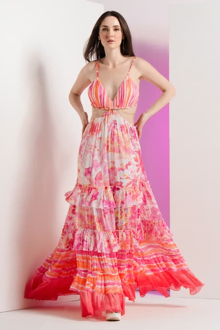 Mandira Wirk Multi Color Chiffon Plunging V Fancy Fusion Maxi Dress