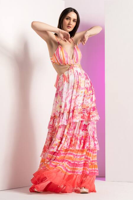 Buy Mandira Wirk Resort Multi Color Chiffon Plunge Neck Fancy Fusion Maxi Dress Online at Aza Fashions Buy_Mandira Wirk Resort_Multi Color Chiffon Plunge Neck Fancy Fusion Maxi Dress _Online_at_Aza_Fashions