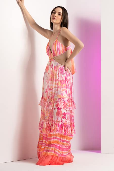 Mandira Wirk Resort Multi Color Chiffon Plunge Neck Fancy Fusion Maxi Dress at Aza Fashions Mandira Wirk Resort_Multi Color Chiffon Plunge Neck Fancy Fusion Maxi Dress _at_Aza_Fashions