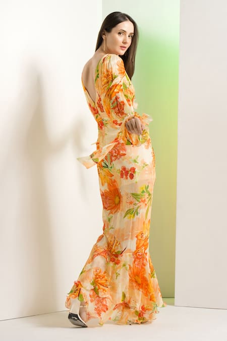 Mandira Wirk Resort_Multi Color Chiffon V-neck Lilium Buckle Dress _Online_at_Aza_Fashions